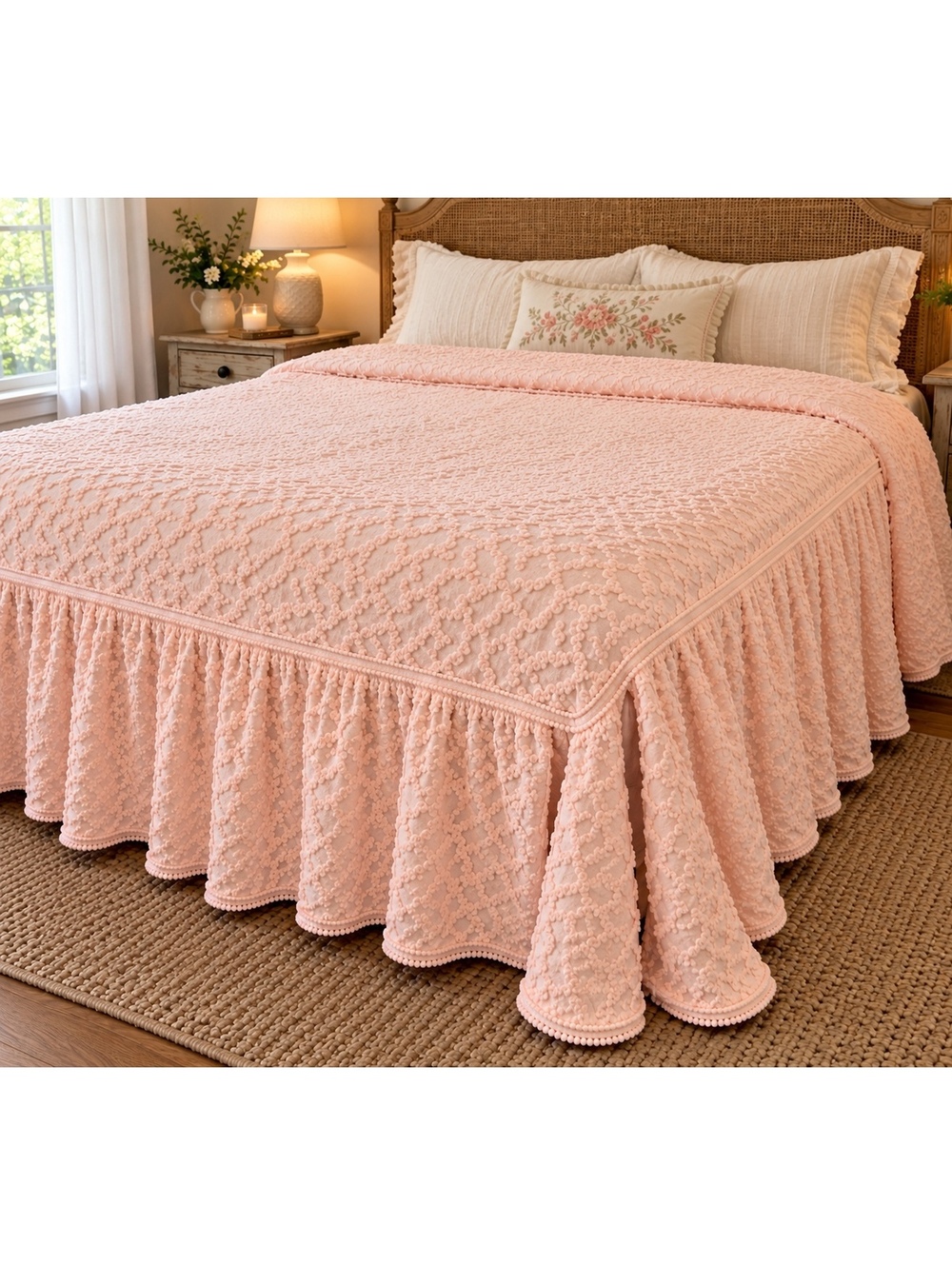 Vintage 1950s Cabin Crafts Needletuft Pink Chenille Ruffled Full Bedspread